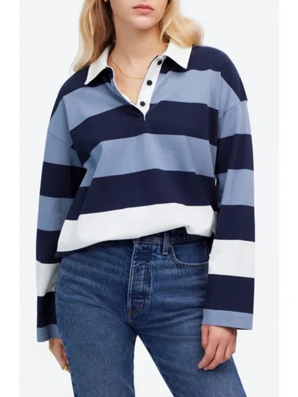 Madewell rugby long sleeve navy blue striped polo 100% cotton brand NWT